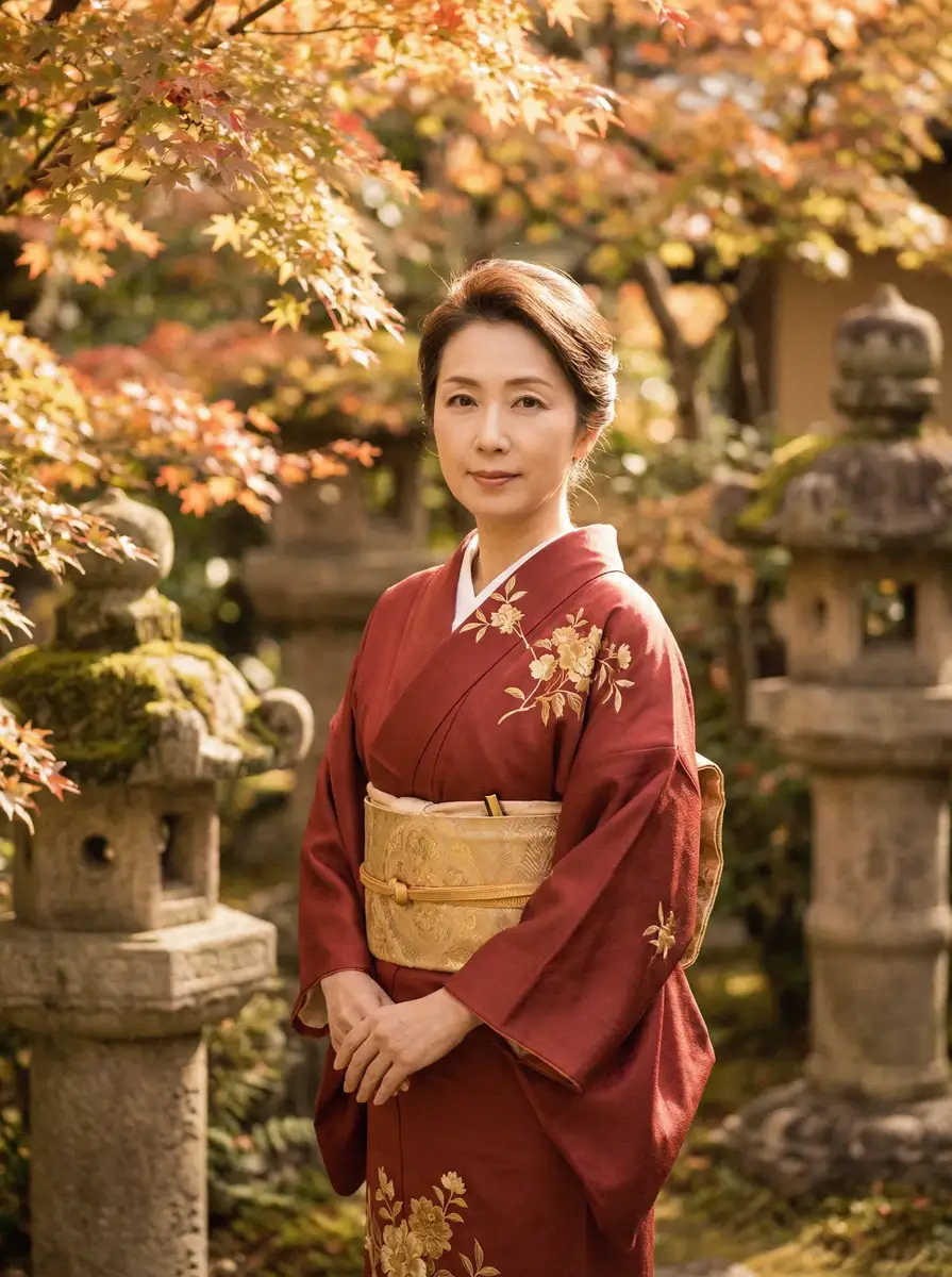 一位身穿暗红色和服的优雅 桥本 在日式庭院中