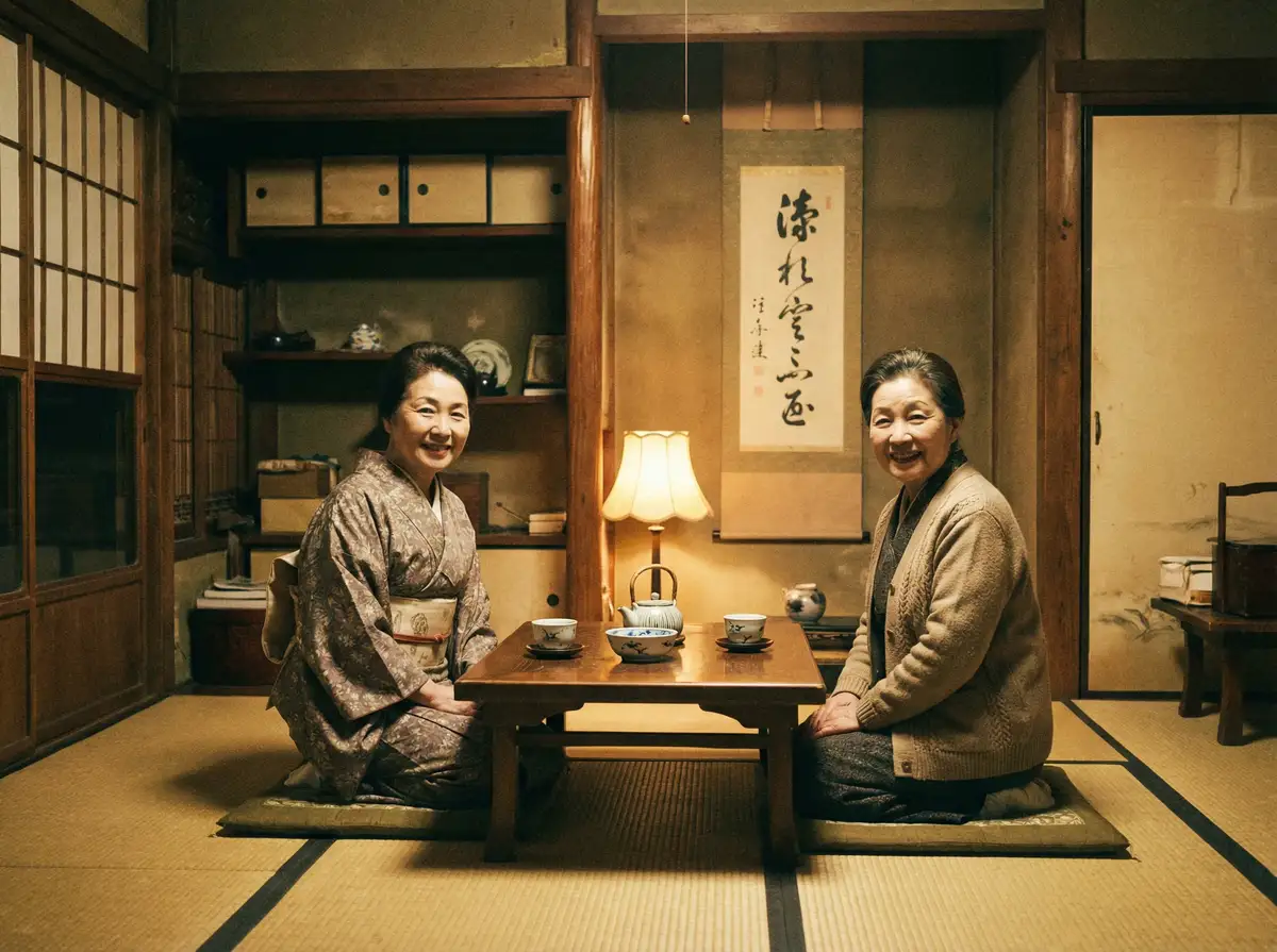 两位优雅的 桥本 在日式茶室中品茶交谈